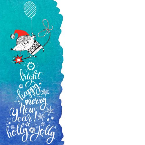 Luftballon. Vektor Cartoonmaus in der Weihnachtsmütze mit Luftballon, Wünsche auf einem blauen Aquarellfragment, Platz für Text auf weiß
