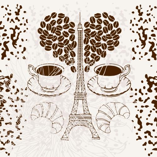 Eiffelturm. Vektor romantische illustration mit dem eiffelturm, kaffee-tassen, kaffeebohnen in form eines herzens