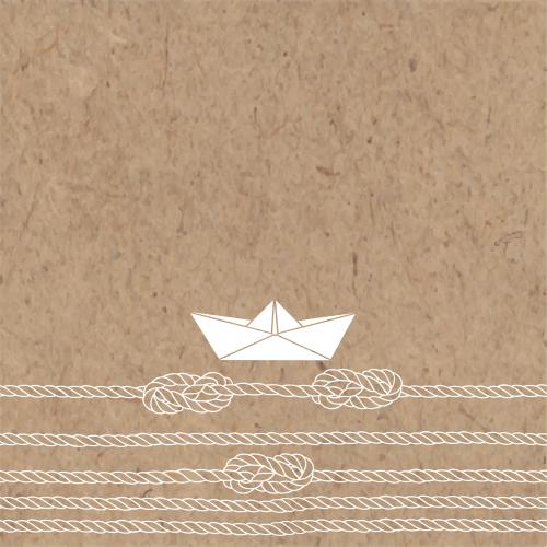 Seil. Vektor Meereseile, Seile mit marinen Knoten, Papierboot, Platz für Text auf Kraftpapier