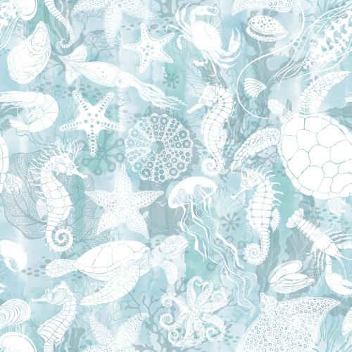 Miesmuschel. Vektor meeresbewohner: schildkröte, kalmar, rochen, octopus, lobster, seepferdchen, quallen, muscheln, austern, algen, korallen auf blauer wasserfarbe