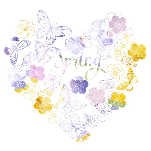 Kirschblüte. Vektor Komposition in Form eines Herzens mit Blumen, Schmetterlingen und Schriftzug "spring" auf weißem