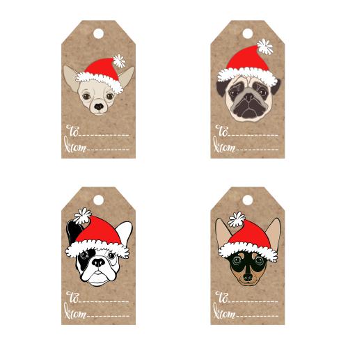 Mops. Vektor handgemachte Etiketten mit hübschen Hundegesichtern in Weihnachtsmützen