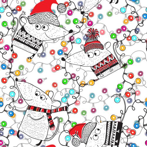 Maus. Vektor cartoonartige Weihnachtsmaeuse mit Girlanden auf weissem