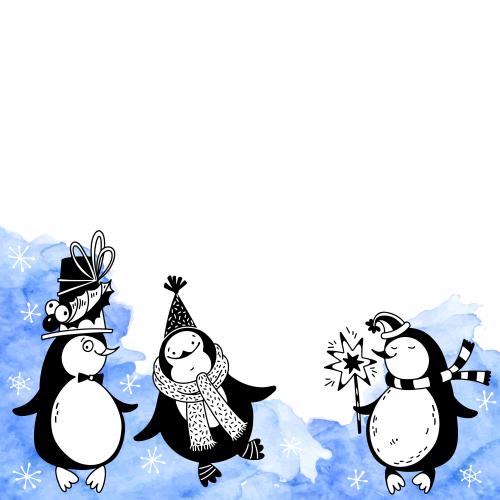 Pinguin. Vektor cartoonartige Pinguine, blauer Aquarellfragment, Platz für Text auf weißem