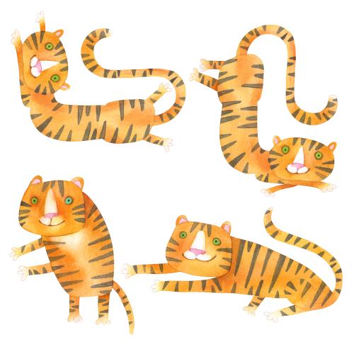 Tiger. Vektor vier akvarellcartoon-Tigerkinder auf weißem