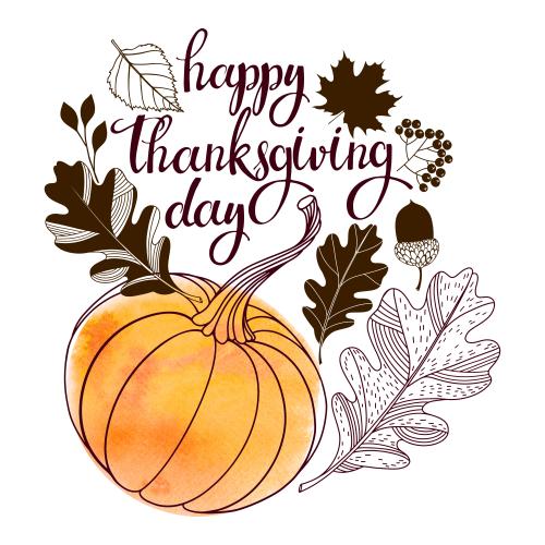 Herbst. Vektor Kürbis oranges Aquarell-Fragment Blätter Eichel und Aufschrift Happy Thanksgiving Day auf weißem