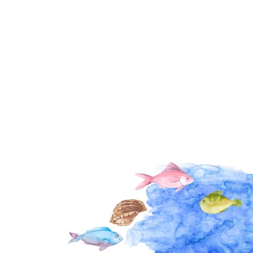 Rasterbild muschel, fische auf dem blauen aquarellfragment, platz für den text auf dem weißen