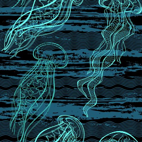 Qualle. Vektor farbige Medusen und Wellen auf schwarzem