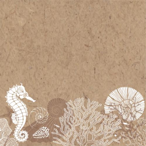 Nautilus. Vektor seepferdchen nautilussen meerstern schale fische algen und korallen platz fuer text auf kraftpapier