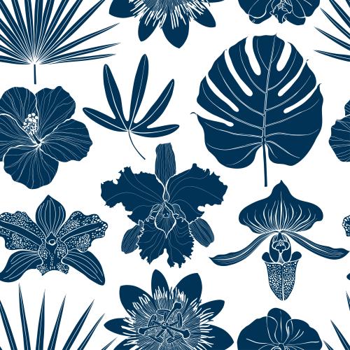 Monstera. Vektor Orchideen, Hibiskus, Passiflora, Palmenblätter, Monstera, blaue Silhouetten auf Weiss