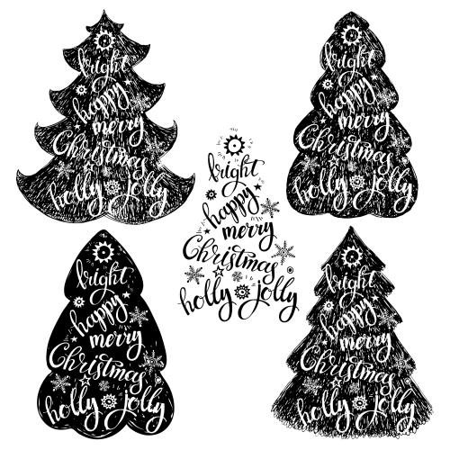 Stern. Vektor stylisierte festliche baeume mit der aufschrift bright, happy, merry, christmas, holly, jolly auf weissm