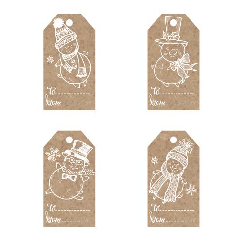 Gegenstand. Vektor handgemachte Etiketten für das Weihnachtsmotiv mit cartoonischen Schweinen