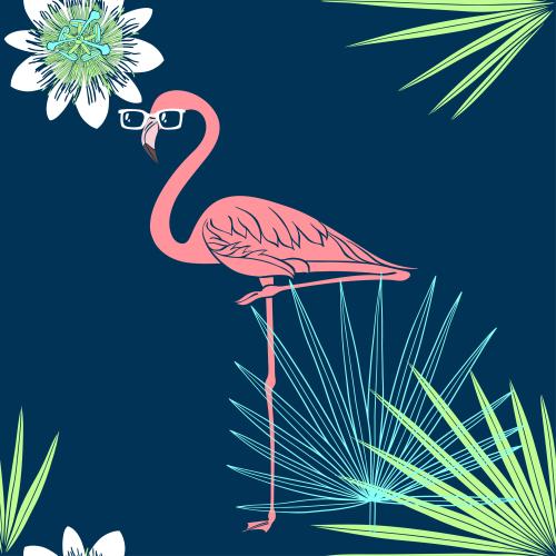 Vektorgrafik flamingo in sonnenschutzbrillen, palmenblätter, passionblume auf blauem