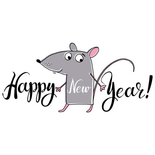 Maus. Vektor cartoonartige graue Maus, Schriftzug 'Happy New Year' auf weißem