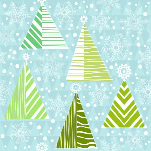 Tannenbaum. Vektor grüne stylisierte Tannen und Schneeflocken auf blauem geometrischem