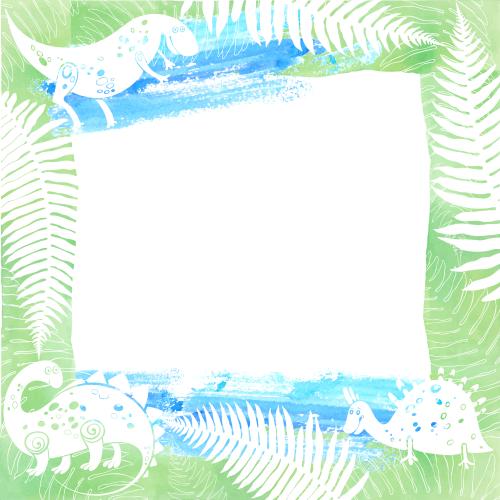 Aquarell. Vektor quadratische Rahmen mit zeichentrickdinosauriern und Blättern des Farns auf Aquarell