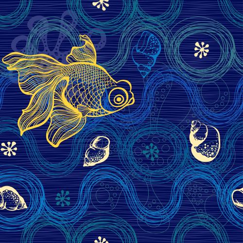 Wellige. Vektor Fisch, Muscheln, Meereskreaturen auf Wellen