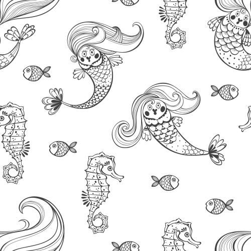 Fische. Vektor Nymphen, Seepferdchen, Fische auf weißem
