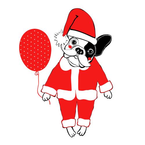 Luftballon. Vektor lieb cartoonartiger französischer bulldogge in dem kostüm des weihnachtsmanns und mit einem ball auf dem weissen