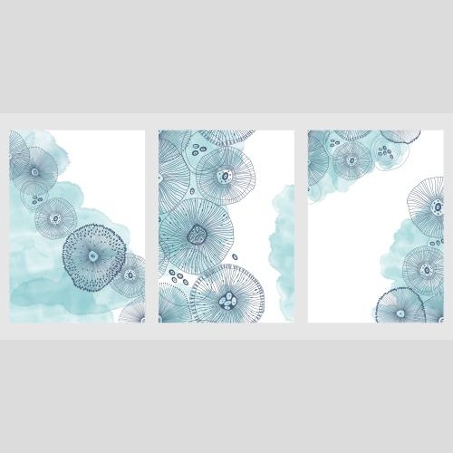 Vektorgrafik drei postkarten mit meersthema abstrakte kreaturen und blauen aquarell-fragmenten