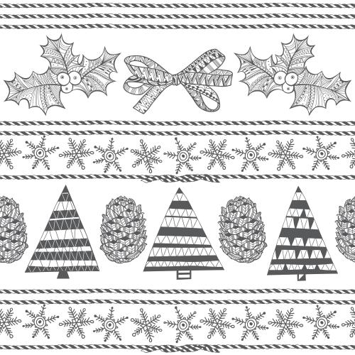 Vektorgrafik tannen, tannenzapfen, schneeflocken, eisblumen, schleife, zweifarbiger feiertags-schnur auf weißem