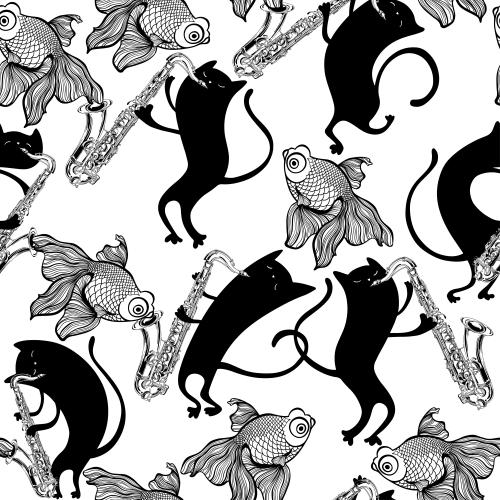 Saxophon. Vektor cartoon-artige Katzen mit Saxophonen und Fische auf weißem