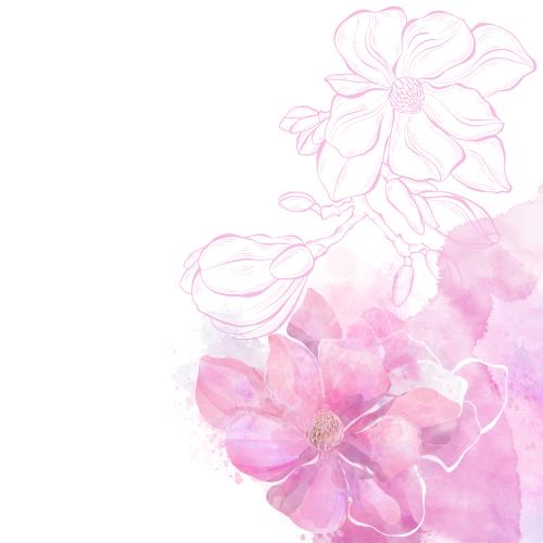 Rasterbild magnolie auf rosa wasserfarbe, platz für text auf weiß