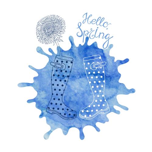 Klecks. Vektor Gummistiefel, Löwenzahn, blaue Wasserfarbenfleck und Aufschrift hello spring auf weißem