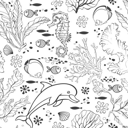Alge. Vektor Delphin, Seepferdchen, Fische, Meerwierder und Korallen auf weißem