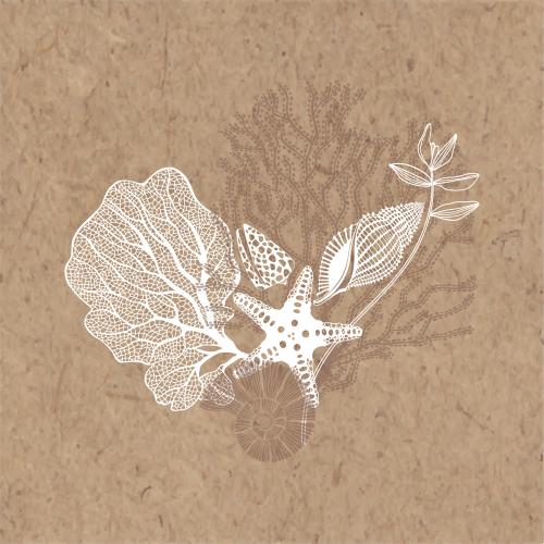 Vektorgrafik meeresschmuck mit einem meerstern, nautilus, muscheln, korallen, alge auf kraftpapier