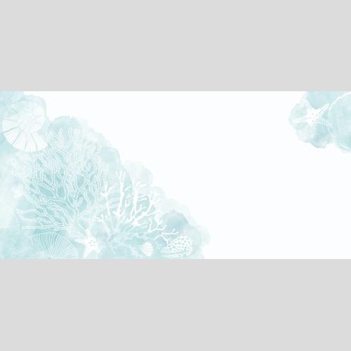 Vektorgrafik meersterne, muscheln, nautilus, korallen auf blauen aquarellfragmenten, platz für text auf weißem