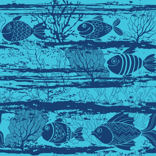 Alge. Vektor cartoonartige Fische, Wellen, Korallen und Algen auf dem blauen