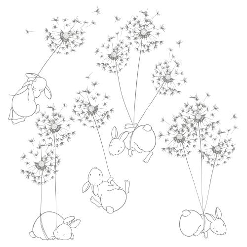 Löwenzahn. Vektor cartoonartige fliegende Kaninchen auf Dandelions auf weißem