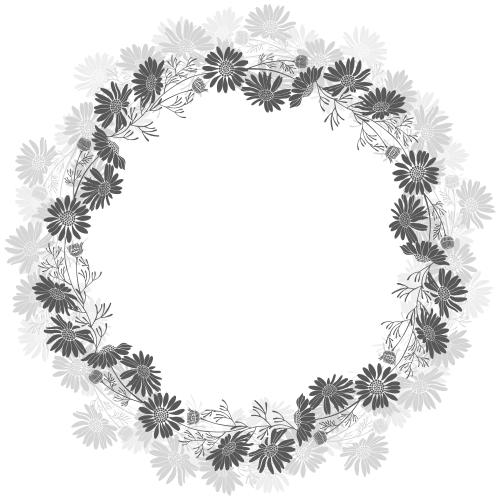Vektorgrafik runde kranzrahmen aus margeriten, schwarze und graue silhouetten auf weißem