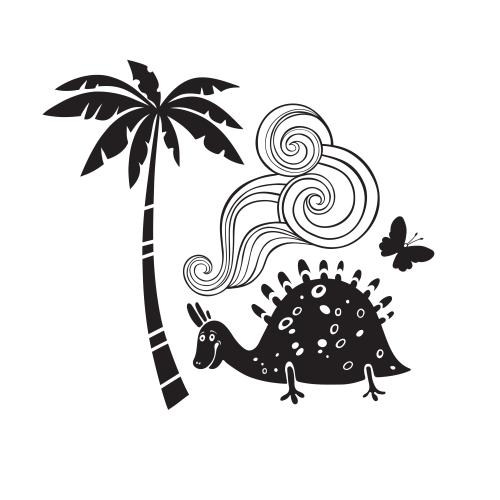 Palme. Vektor Komposition mit einem Zeichentrickdinosaurier, schwarze Silhouetten auf weißem