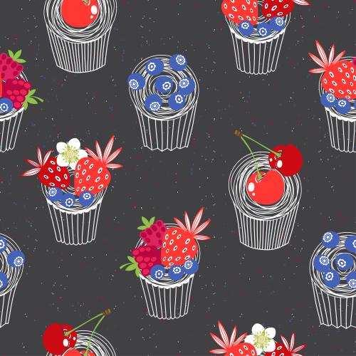 Himbeere. Vektor kekse mit Beeren: Himbeeren, Erdbeeren, Kirschen und Brombeeren auf schwarzem in farbiger Krapfen