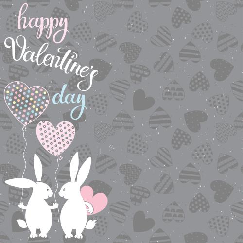Luftballon. Vektor zwei niedliche Kaninchen mit Luftballons, einem Herz und einem Schriftzug "Happy Valentinstag" auf Grau