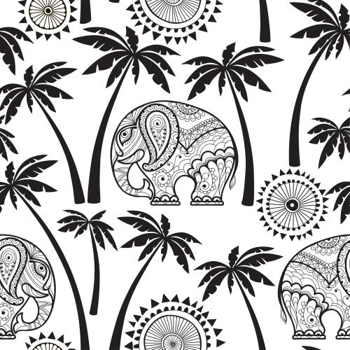 Elefant. Vektor dekorative Elefanten und Elemente Silhouetten von Palmen auf weißem
