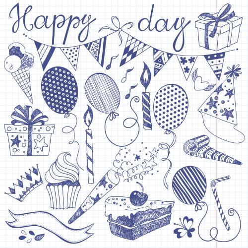 Heft. Vektor grafische-elemente-zum-thema-fest-inschrift-happy-day-auf-kariertem-papier