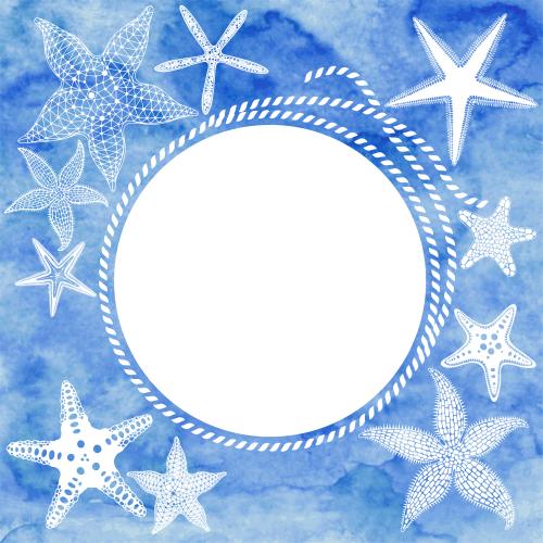 Vektorgrafik meersterne, runde rahmen aus seil mit weißem textfeld auf blauem aquarell