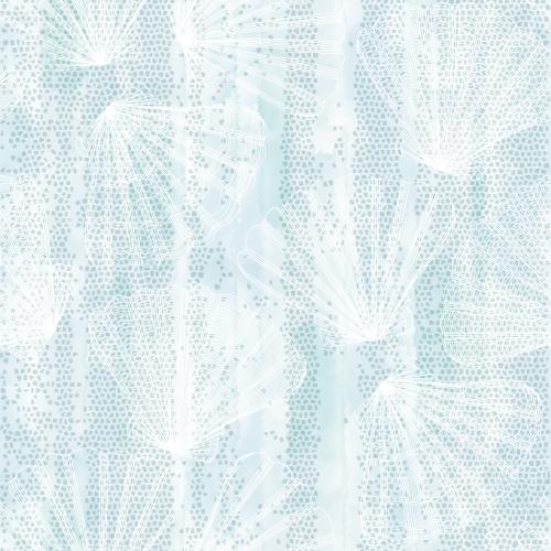 Jakobsmuschel. Vektor Meereskämme weiße Konturen auf blauem Aquarell-Mosaik