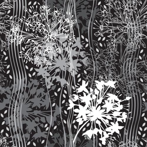 Vektorgrafik blütenstände abstrakter blumen, konturen und silhouetten, blätter, wellenförmige linien auf schwarzem