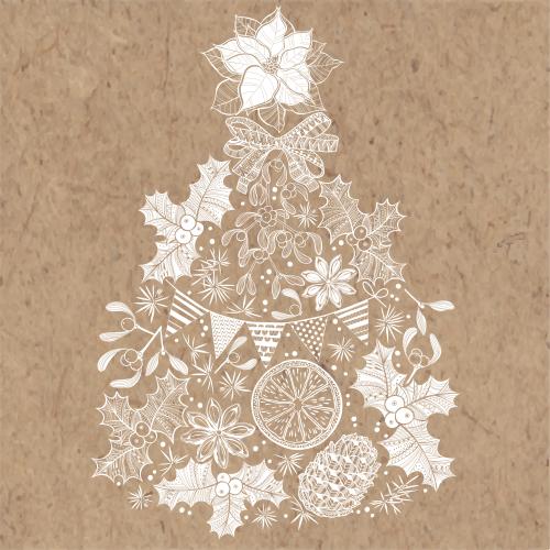 Zitrusfrucht. Vektor stylisierte Tanne aus Weihnachtspflanzen, Tannenzapfen, Gewürzen mit Girlande und Band auf Kraft