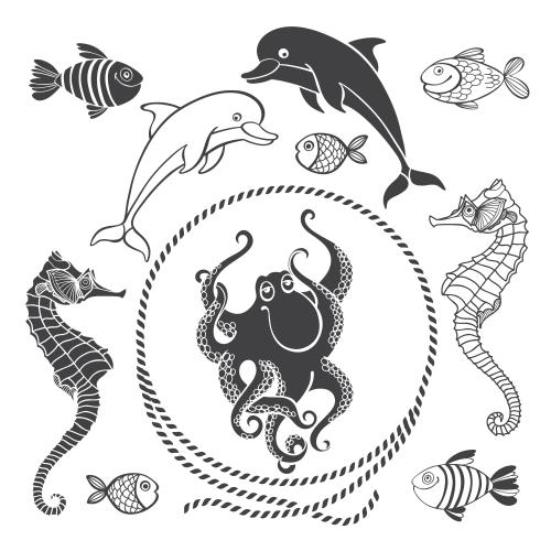 Delfin. Vektor runde Rahmen mit Seil, Delfine, Fische, Seeigeln, Octopus auf weißem