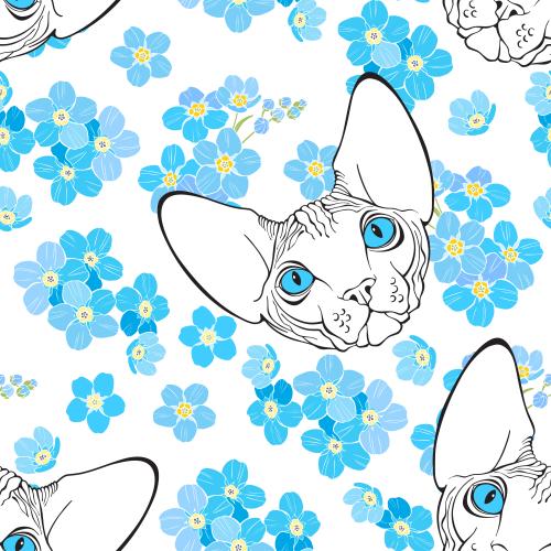 Vergissmeinnicht. Vektor Sphinxkatzen, süße Gesichter und Vergissmeinnicht-Blumen auf weißem
