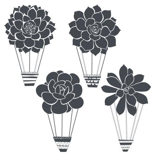 Luftballon. Vektor Blumenluftballons, Sukkulenten, schwarze Silhouetten auf weißem
