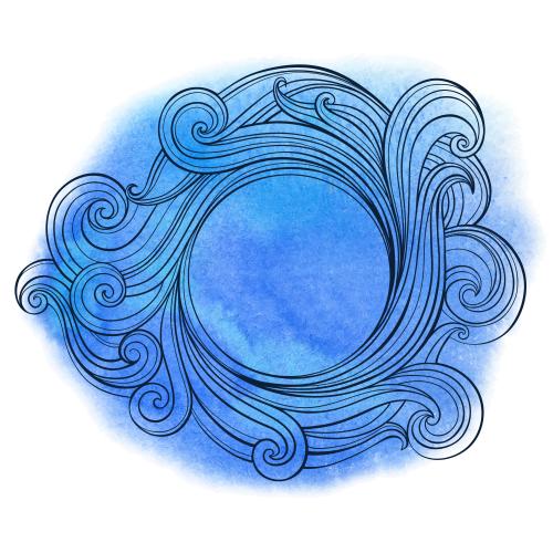 Vektorgrafik dekorative wellen auf blauem aquarell, rahmen mit kreisförmigem textbereich