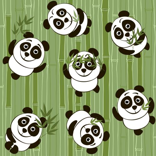 Bambus. Vektor grüne Bambusstängel und maltzige hübsche Pandas mit Bambusästchen