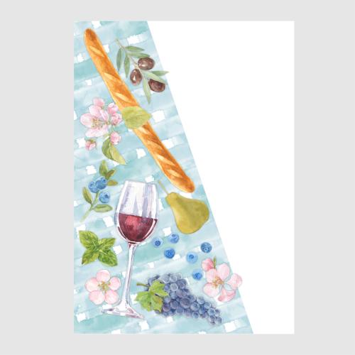 Gläser. Vektor Aquarellglas mit Wein, Baguette, Weintrauben, Heidelbeerenzweig, Birne, Oliven, Blumen auf kariertem Tischtuch, Platz für Text auf Weiß