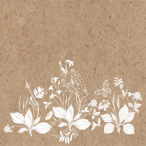Biene. Vektor Gänseblume, Pfaffenkraut, Kamille, Klee, Feldblumen, Schmetterling, Bienen, Textfeld auf Kraftpapier